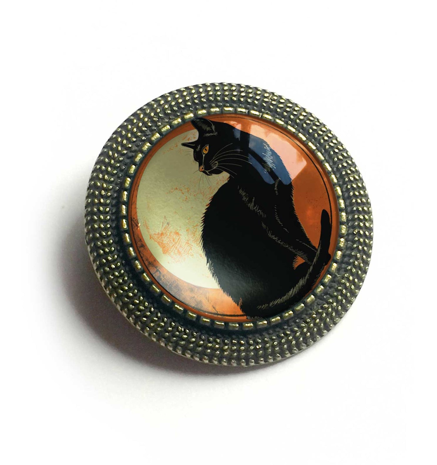 Black Cat Glass Cabochon and Bronze  Brooch