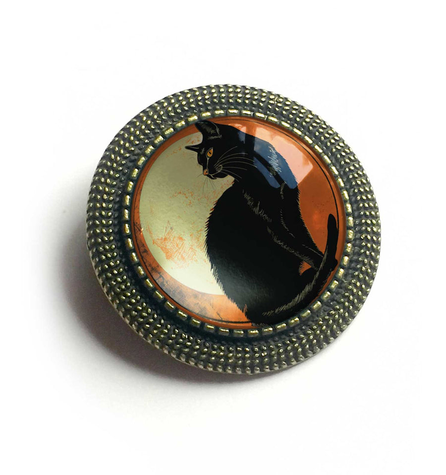 Black Cat Glass Cabochon and Bronze  Brooch