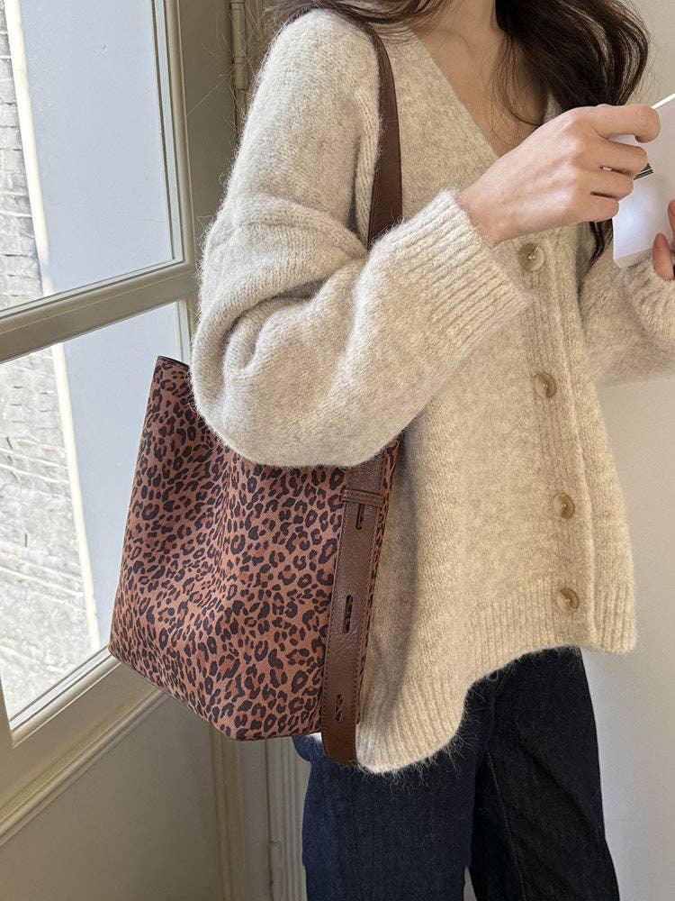 Suede Bucket Retro Leopard Print Tote Bag