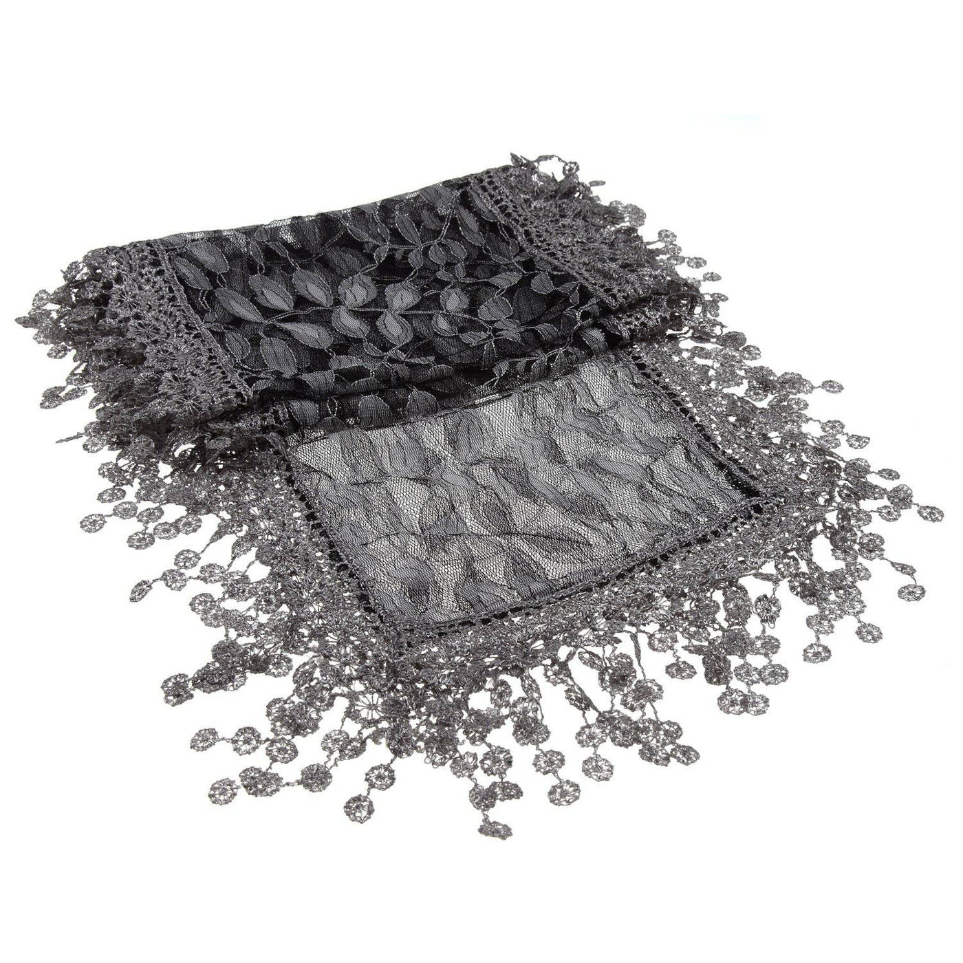 Dark Grey Leaf Pattern Lace Scarf with Tassels