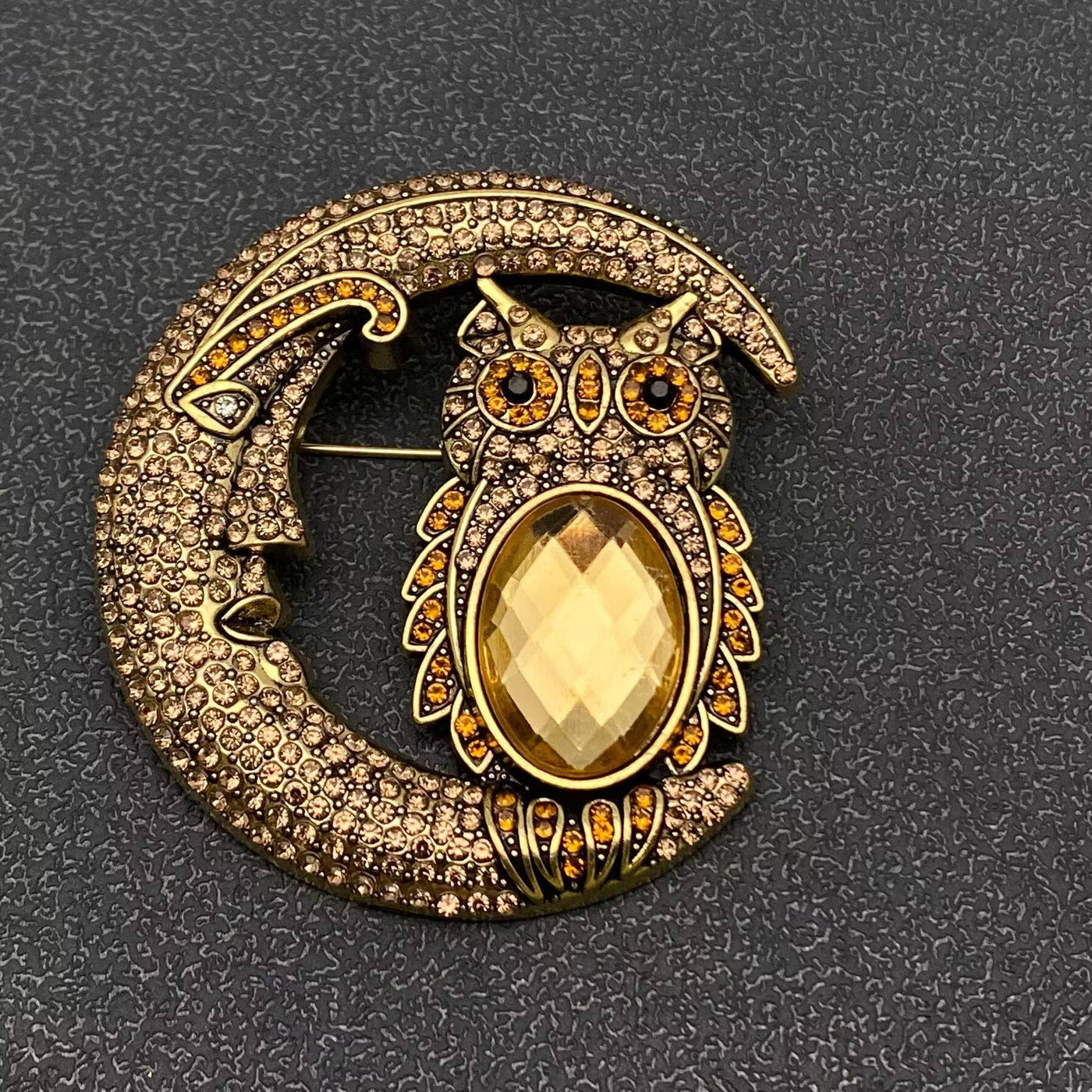 Sparkling Rhinestone Moon & Glass Owl Brooch