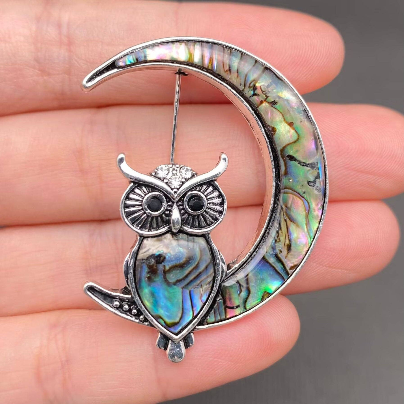 Abalone Shell & Rhinestone Inlaid Owl On The Moon Brooch