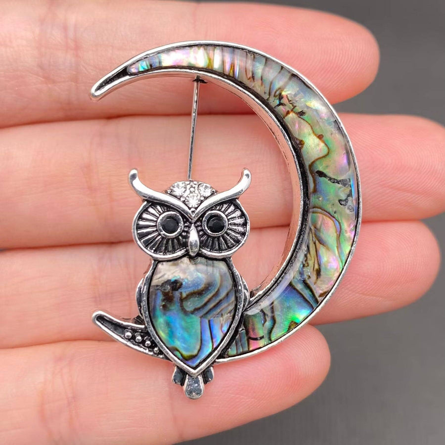 Abalone Shell & Rhinestone Inlaid Owl On The Moon Brooch