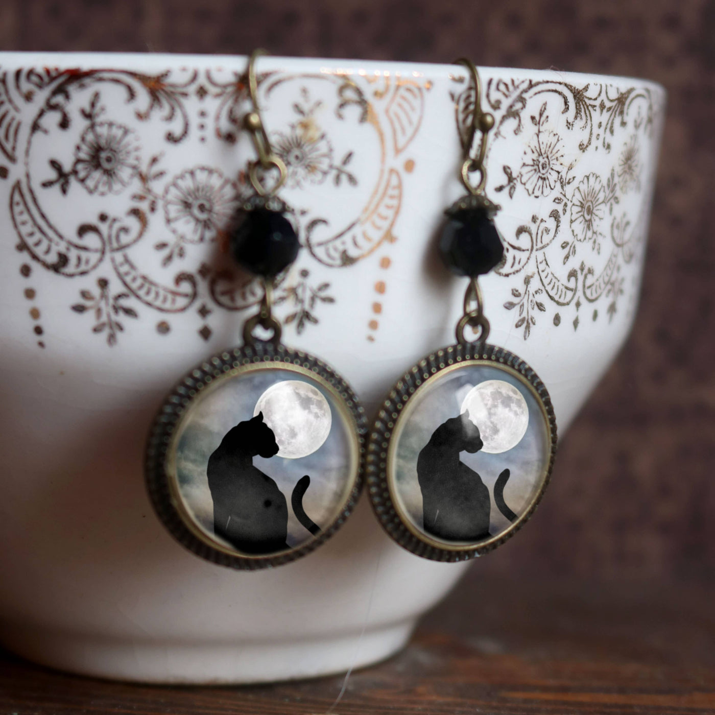 Black Cat and Full Moon  Earrings