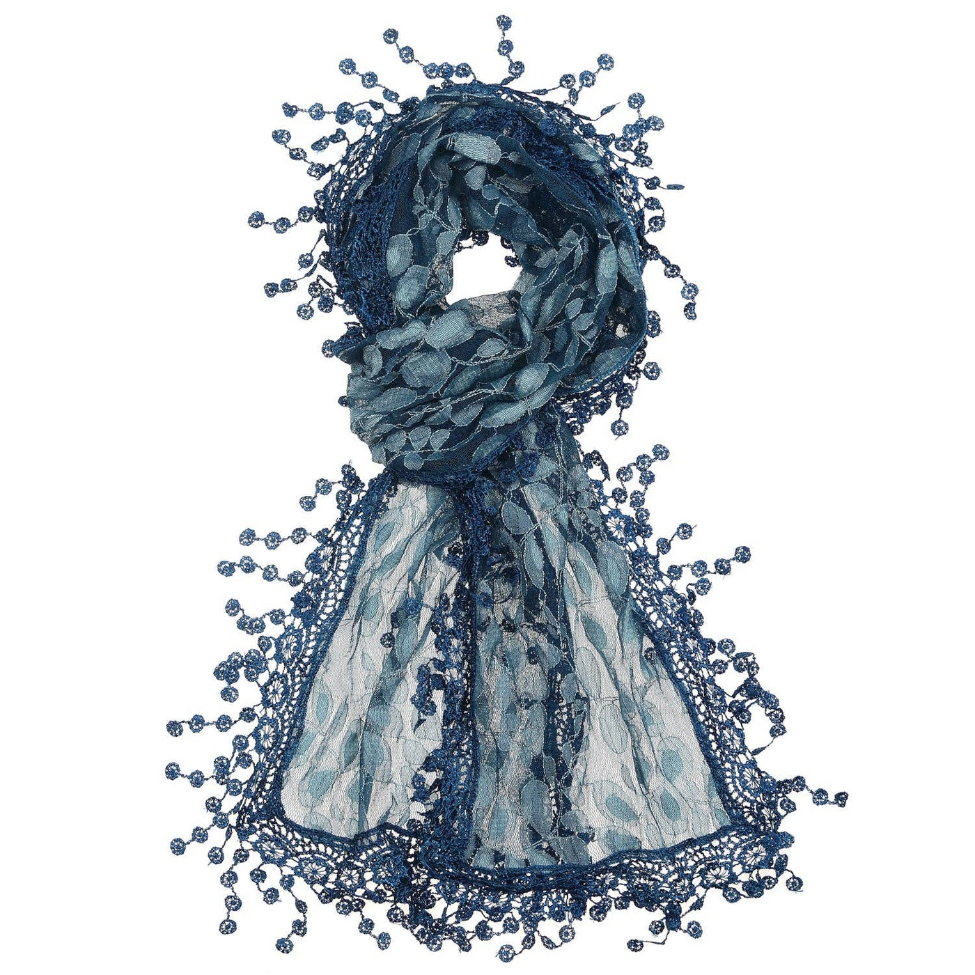 Teal Leaf Pattern Lace Scarf with Tassels