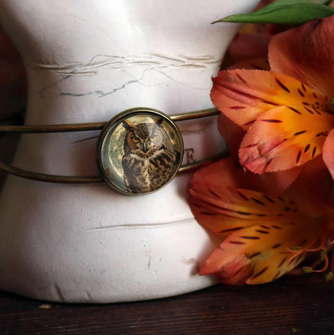 Owl Glass Cabochon and Brass Cuff Bracelet