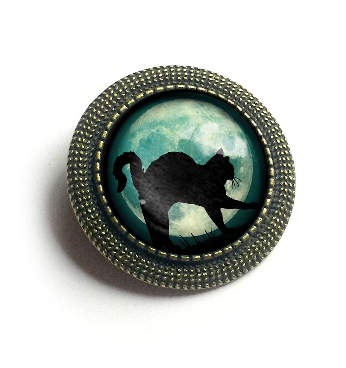 Black Cat on Blue Moon Goth Halloween Brooch