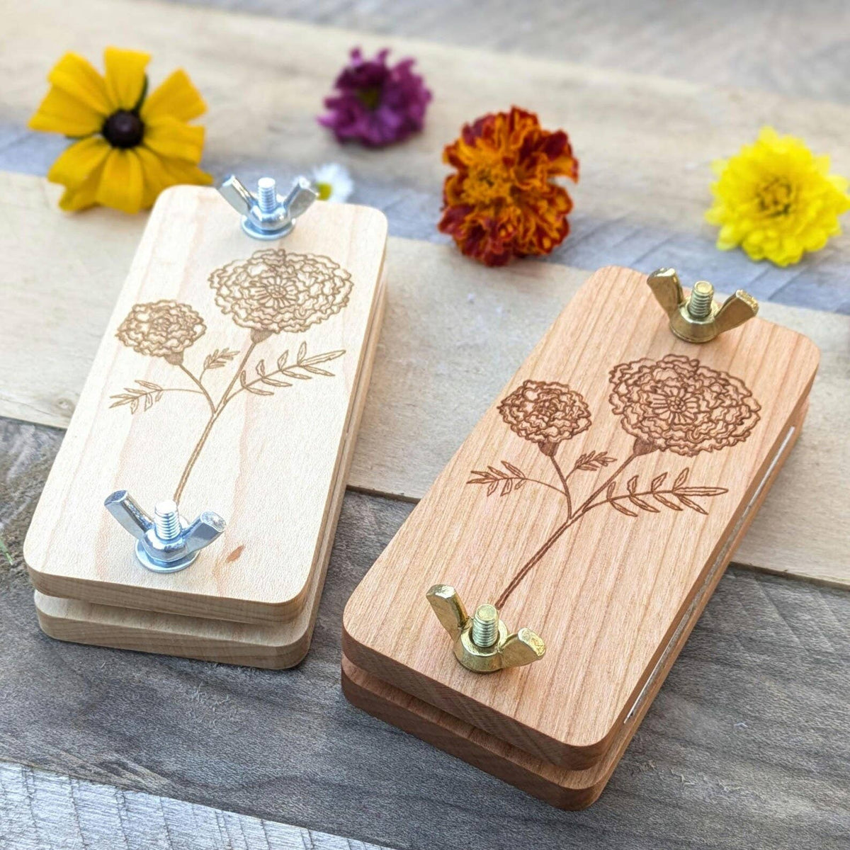Pocket Size Flower Press With Marigold Design | 2"x4"