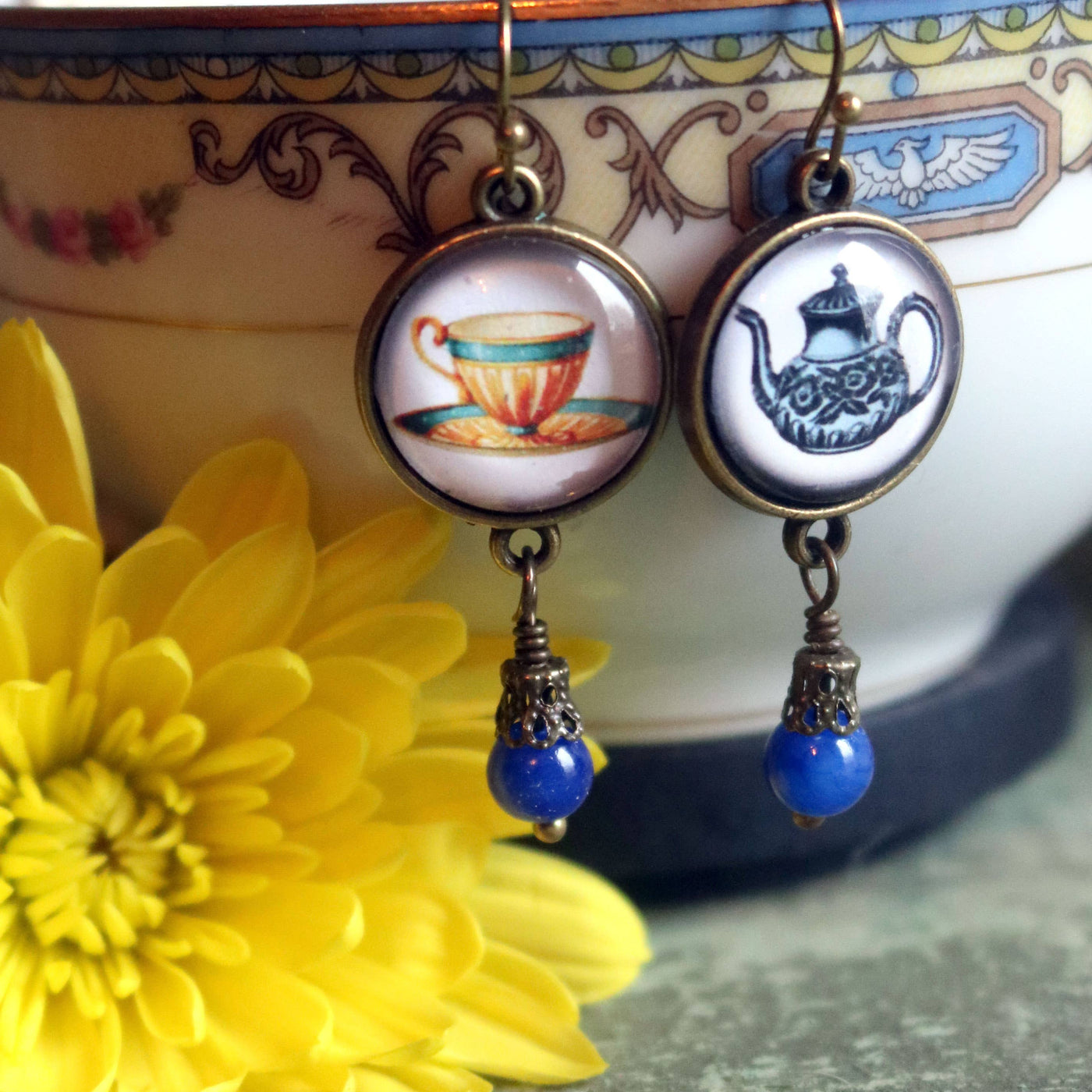 Blue Teacup and Teapot Steampunk Victorian Earrings