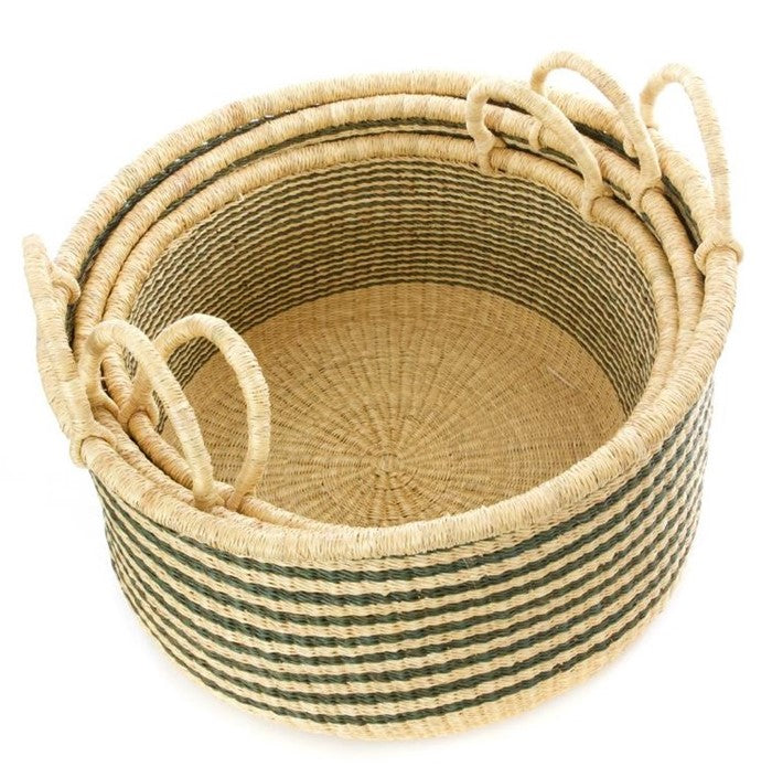 Sage & Natural Striped Floor Baskets - Set of 3 - WEB ONLY EXCLUSIVE