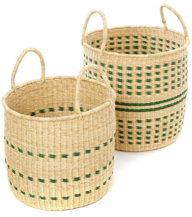 Natural & Sage Dotted Stripe Baskets - Set of 2 - WEB ONLY EXCLUSIVE